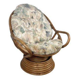 Vintage Rattan Swivel Rocker Lounge Chair With Tufted Floral Cushions For Sale
