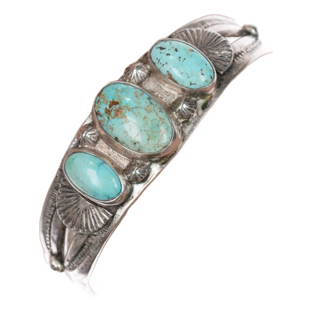 6 1/8" 1940's Navajo sterling 3 stone turquoise cuff bracelet For Sale