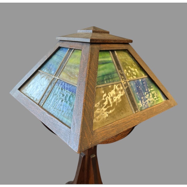 Glass Antique Mission Oak Arts & Crafts Style Leaded Glass Table Lamp For Sale - Image 7 of 12