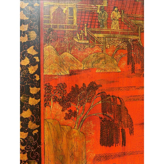 Chinoiserie 4 Panel Screen Red & Gold Lacquer & Black & Gold Border For Sale In West Palm - Image 6 of 15