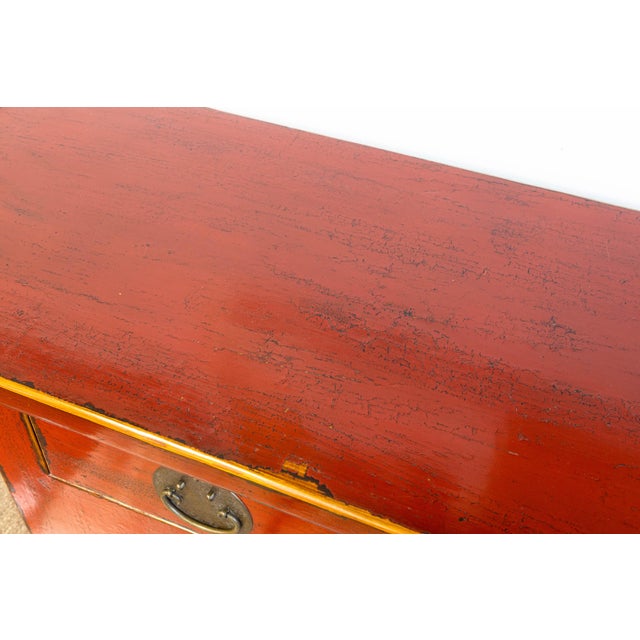 Red Vintage Asian Red Lacquered With Brass Hardware Sideboard Buffet Cabinet For Sale - Image 8 of 9