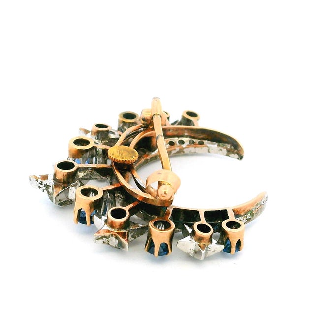 Victorian Diamond & Sapphire Crescent Moon Brooch in 18K Gold and Platinum For Sale - Image 11 of 16