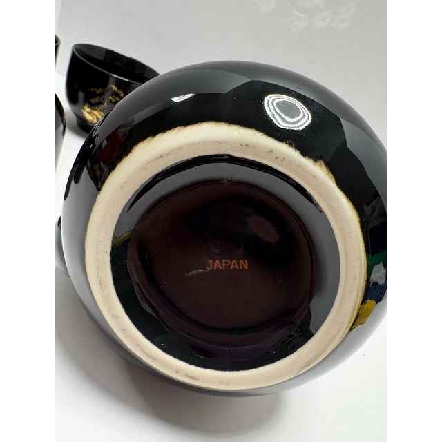 Vintage Japanese Black & Gold Tea Set | Teapot W Bamboo Handle + 4 Cups | Chinoiserie Landscape | Japan Porcelain Tea Service For Sale - Image 9 of 10