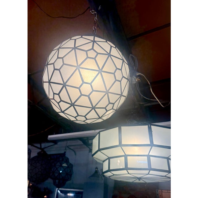 Art Deco Style Milk Glass and Brass Round Chandelier, Pendant or Lantern For Sale - Image 15 of 16