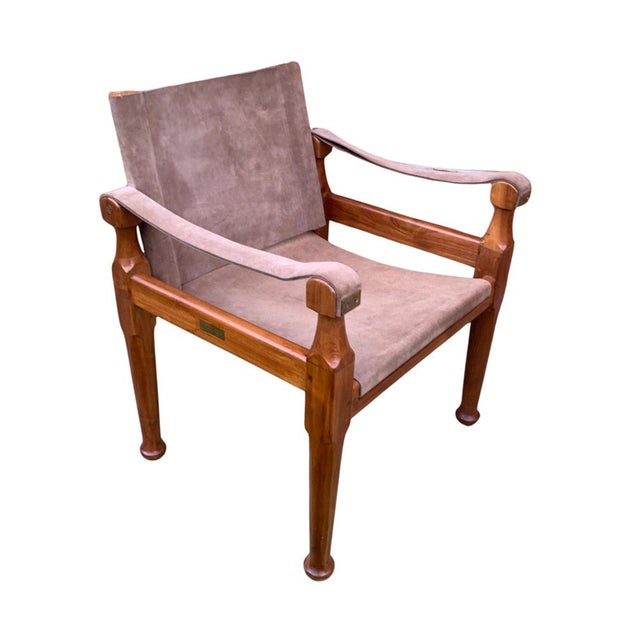 Suede and Teak Open Frame Safari Chairs with Sling Arms, 2000s, Set of 2 For Sale - Image 12 of 14