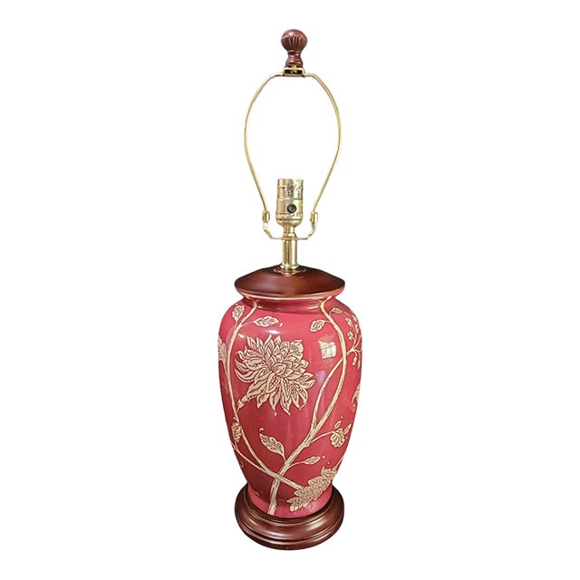 Vintage Asian Inspired Painted Chrysanthemum Floral Red Table Lamp For Sale