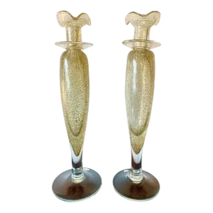 Italian Blown Murano Glass Candleholders From Maestri Vetrai- a Pair