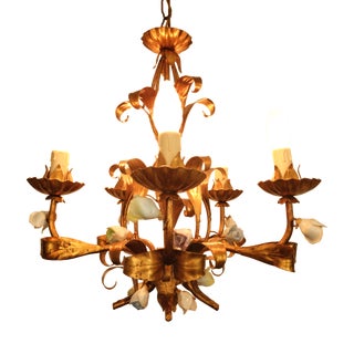 Vintage Hollywood Regency Florentine Five-Arm Metal Chandelier with Porcelain Flowers, 1970s For Sale