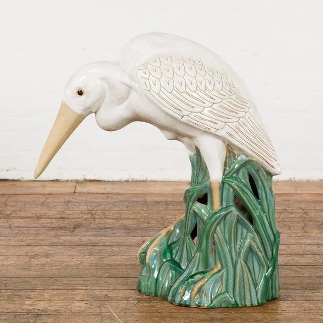 Vintage Lifesize Chinese White & Cream Glazed Ceramic Heron Bird Sculpture For Sale - Image 9 of 13