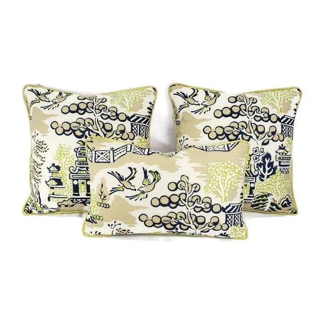 Thibaut Luzon in Navy on Beige With Lime Welt Lumbar Pillow Cover For Sale In Portland, OR - Image 6 of 7