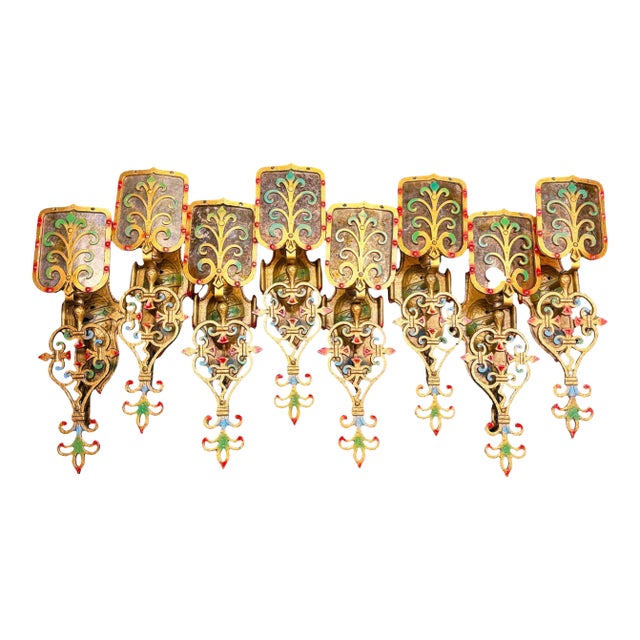 1920s Spanish Revival Wall Sconces With Mica Shields and Original Polychrome Finish - Set of 8 For Sale