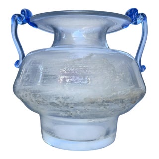 Murano Scavo Art Glass Amphora Vase With Cobalt Blue Handles For Sale