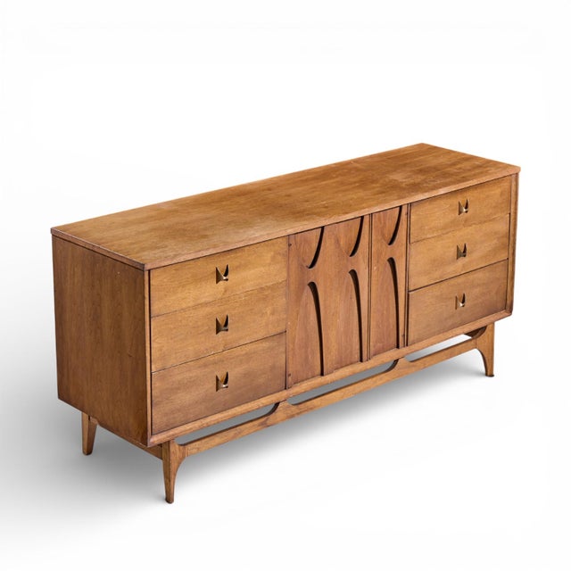 Broyhill Brasilia Mid Century Walnut and Brass Lowboy Dresser For Sale - Image 9 of 10
