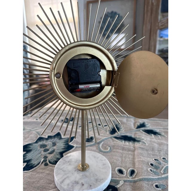 Mid-Century Modern Sunburst Table Clock With Marble Base For Sale - Image 4 of 6