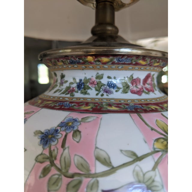 Pink Vintage Chinoiserie Pink Chintz Ceramic Table Lamp With Pleated Lampshade For Sale - Image 8 of 15