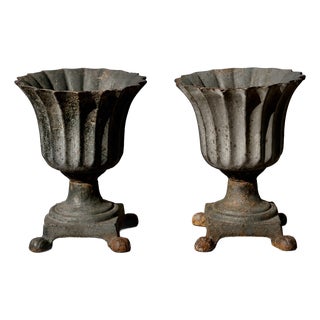 Small Antique Cast Iron Fluted Urn Planters, 1890s, Set of 2 For Sale