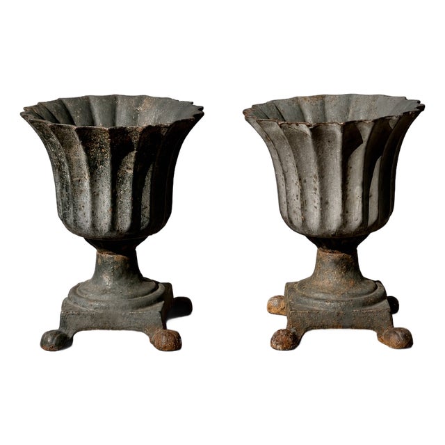 Small Antique Cast Iron Fluted Urn Planters, 1890s, Set of 2 For Sale