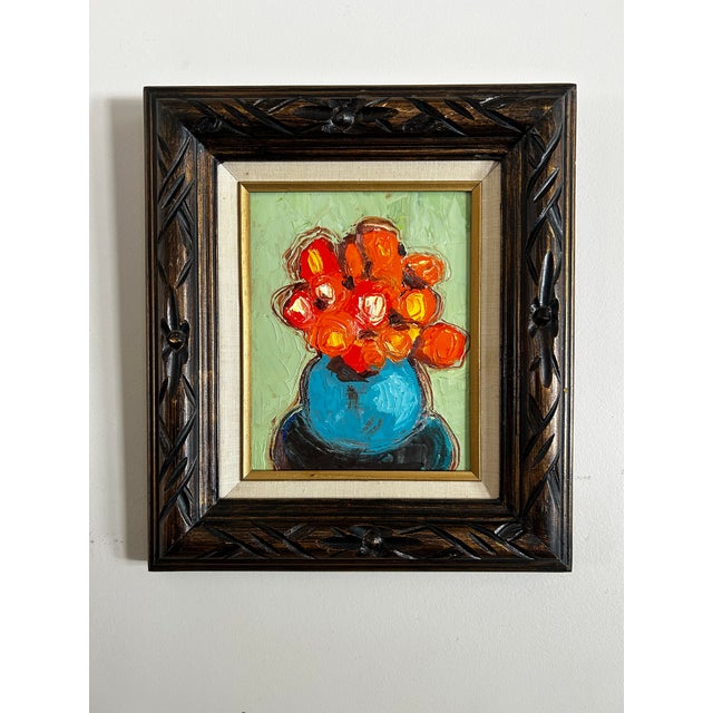 Contemporary Contemporary Original Alexandra Brown Pop Floral Still Life Oil Painting Chunky Vintage Frame For Sale - Image 3 of 6