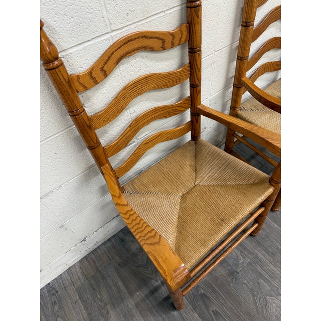 Farmhouse Vintage Country French Style Solid Oak Ladder Back Handwoven Rush Seat Armchairs For Sale - Image 3 of 10