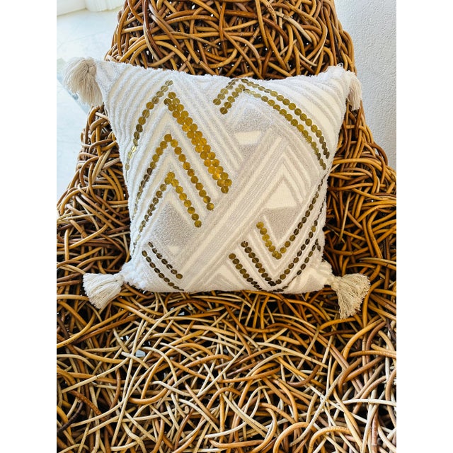 Textured Cotton and Brass Art Deco Pillow With Tassels For Sale In Los Angeles - Image 6 of 12