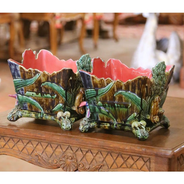 Pair of 19th Century French Barbotine Majolica Jardinières With Bird and Foliage For Sale - Image 10 of 16