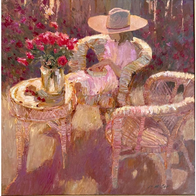 An evocative mid century impressionist oil painting titled “Sunlit Woman Garden Bouquet” by Dan McCaw (b. 1942, Seattle,...