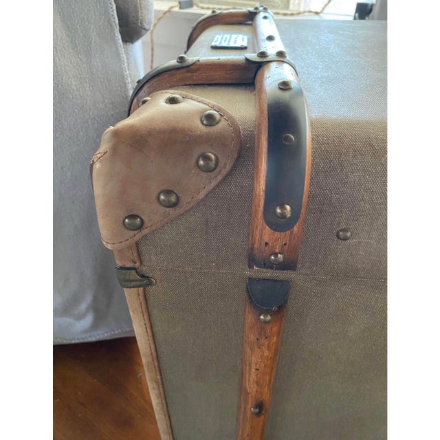 English Vintage Canvas, Leather, and Wooden Trunk Made for Restoration Hardware For Sale - Image 3 of 5