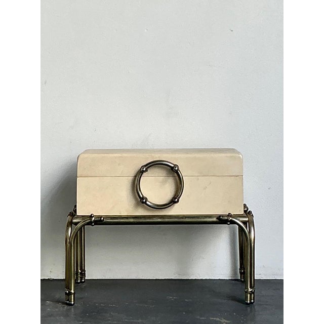 Beige Vintage Brass and Parchment Box on Chrome Stand After Karl Springer For Sale - Image 8 of 13