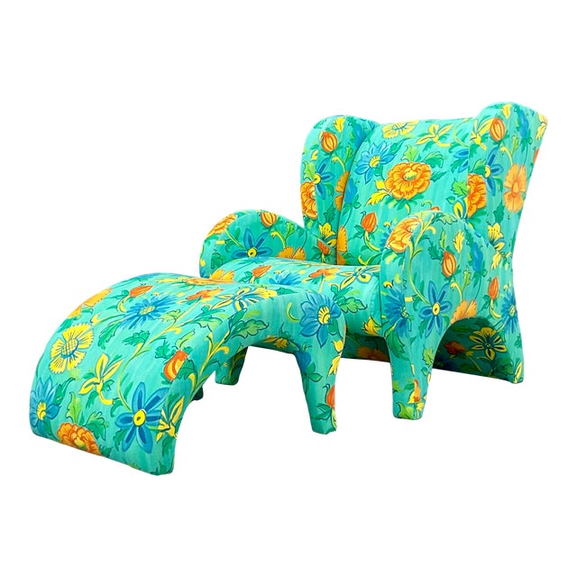 Vintage Boho Thayer Coggin Floral Chair and Ottoman Set For Sale