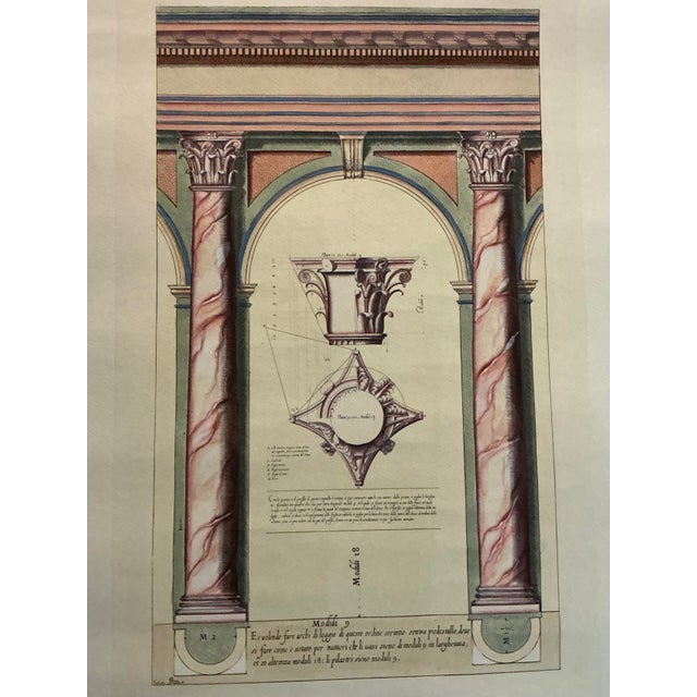 Image one is a hand-colored architectural engraving after Jacopo Barozzi da Vignola, depicting details of the Doric order....