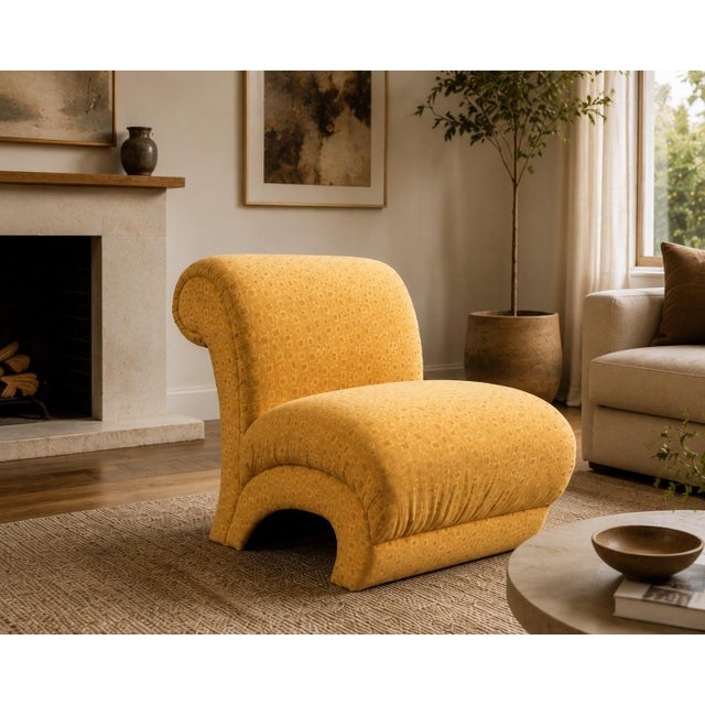 Postmodern Sculptural slipper lounge chair. Every angle is stunning! Gorgeous original sun gold color upholstery in...