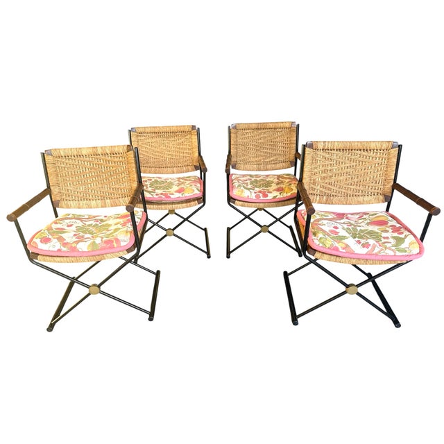 A set of 4 directors style chairs. Metal frame with bamboo carved arms. Woven raffia jute seat and backs. Heavy, Sturdy...