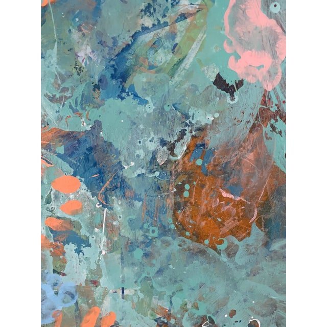 2010s Original Aqua and Peach Abstract Painting on Canvas For Sale - Image 5 of 9