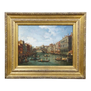 Late 20th Century Venice Grand Canal View of Rialto Bridge Oil Painting After Canaletto Framed 22" For Sale