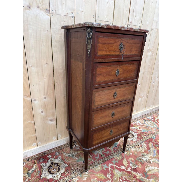 Transitional Style Marquetry and Marble Chest of 5 Drawers For Sale - Image 4 of 10