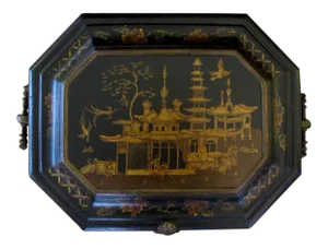 English Ebonized Painted Metal Coal Bin With Chinoiserie Decoration