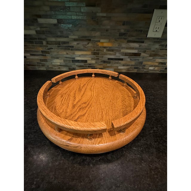Farmhouse Vintage Solid Oak 14" Lazy Susan With Spindle Rail For Sale - Image 3 of 6
