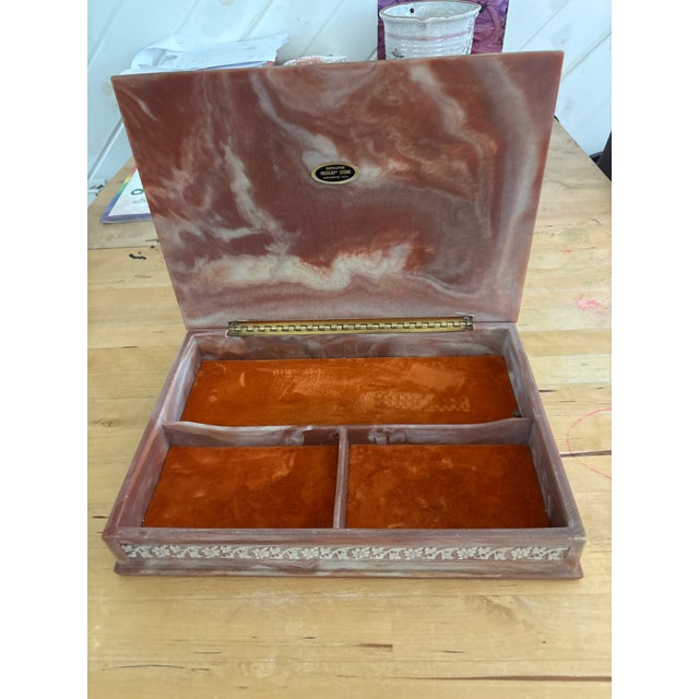 Art Nouveau Vintage Large Pink and White Incolay Jewelry Box With High Relief Carved Pheasants and Florals For Sale - Image 3 of 9