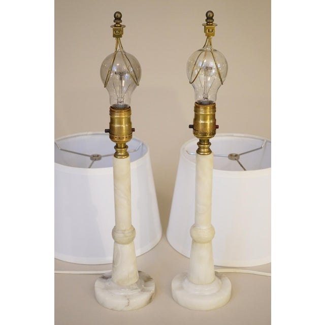 1930s Art Deco Streamline Alabaster Marble Brass Candlestick Table Lamps Italy - a Pair For Sale - Image 13 of 13