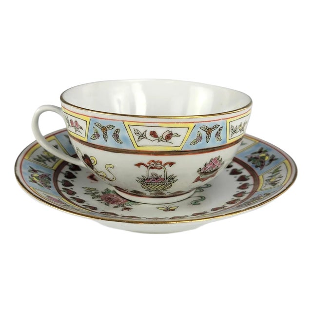 Jingdezhen Guangcai 8 Treasures Porcelain Tea Cup & Saucer – Chinese Vintage For Sale