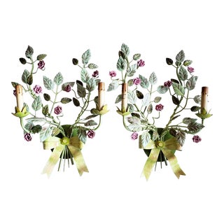 1950s Two Light Hand Painted With Porcelain Flowers Sconces - a Pair For Sale