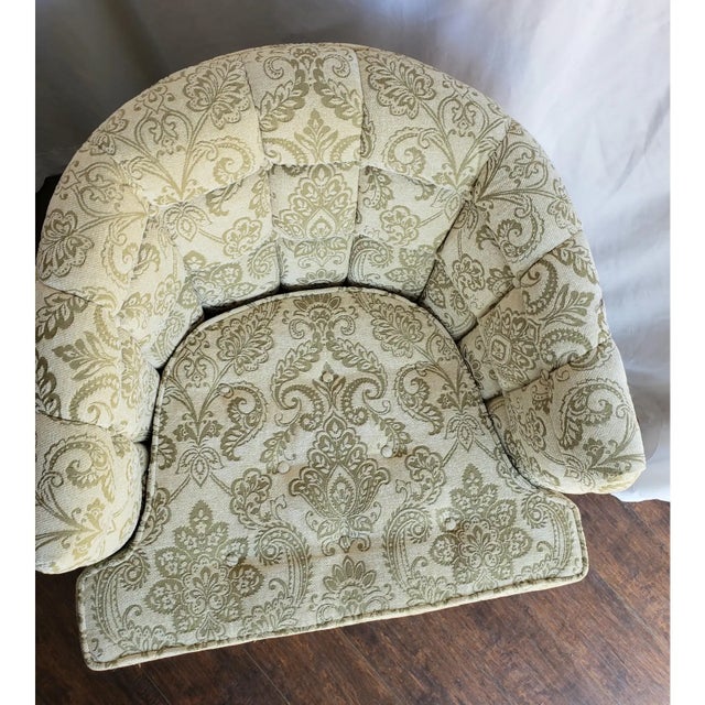 Mid 20th Century Mid-Century Tufted Olive Damask Barrel Back Chair With Brass Cap Legs For Sale - Image 5 of 5