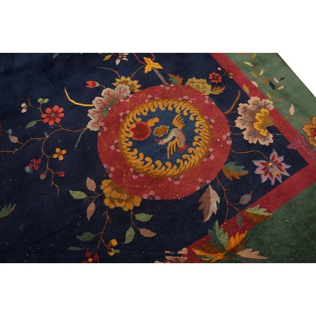 1920s Navy Blue Floral Vase Antique Chinese Art Deco Carpet 8' 10" X 11' 6" Knotted Wool Rug For Sale - Image 4 of 6