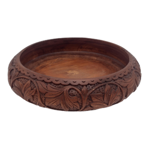 Vintage Hand-Carved Round Wooden Bowl With Floral Scroll Motif