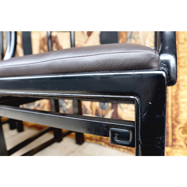 Early 20th Century Black Lacquer Chinese Influence Charcoal Leather Dining Chairs- Set of 4 For Sale In Los Angeles - Image 6 of 13