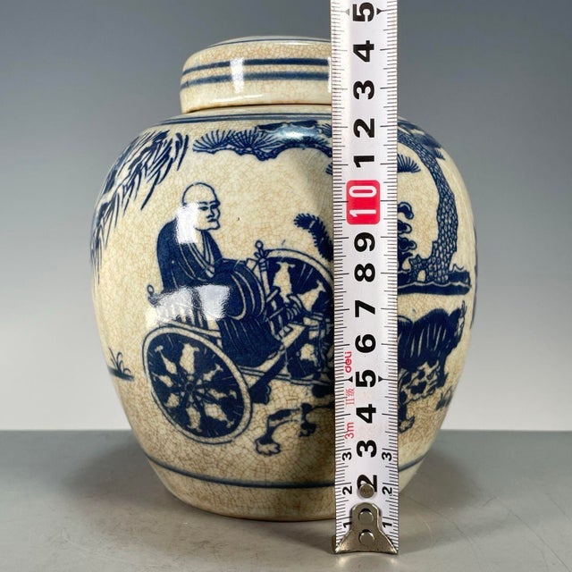 Chinoiserie Blue‑and‑White Crackle‑Glaze Lidded Ginger Jar, Figure Story Motif Porcelain Storage Canister **** For Sale - Image 4 of 9