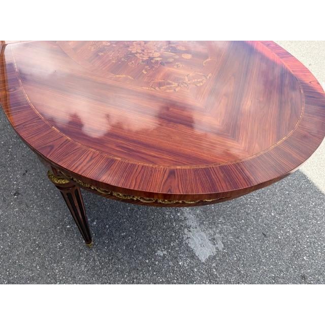 1970s Walnut Dining Table With Satinwood Marquetry, Brass Trim 2 Leafs For Sale - Image 10 of 11