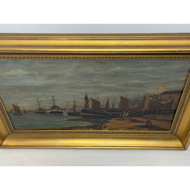 19th Century British Coastal Marine Oil Painting of North Shields Harbour, River Tyne The Old Low Light In The Manner of...