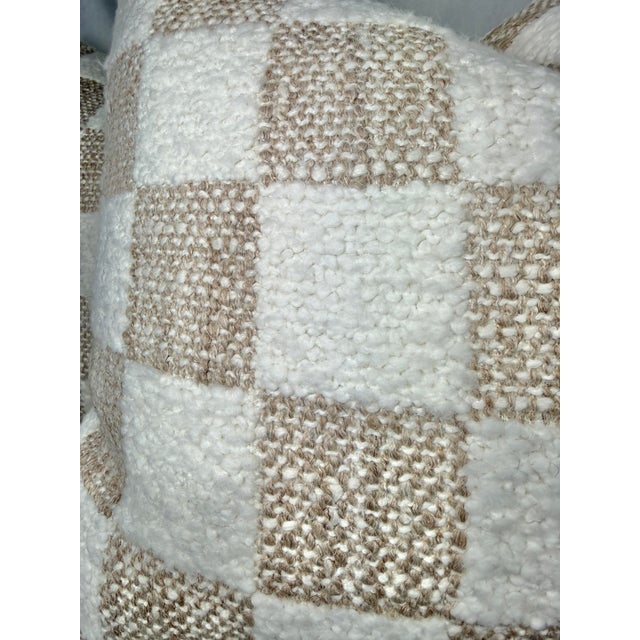 Custom pair of 22" pillows covered in Mokum "Quadro Boucle" in color chalk. These pillows have tapered corners to prevent...
