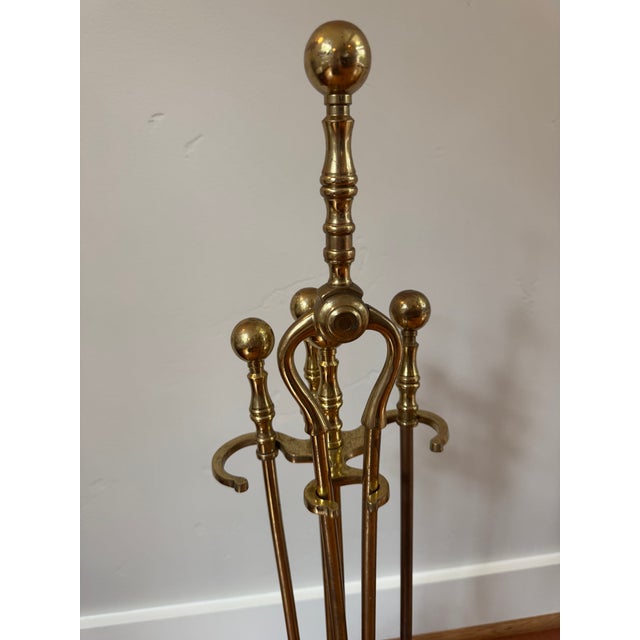 Howes-Marked Brass Fireplace Tool Set and Stand With Cannonball Andirons, Made in Usa For Sale - Image 11 of 13